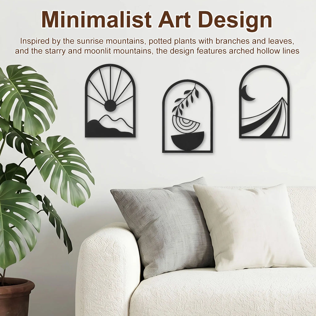 Boho Black Metal Wall Art 3-Piece Minimalist Line Sculpture Metal Wall Art Nixie