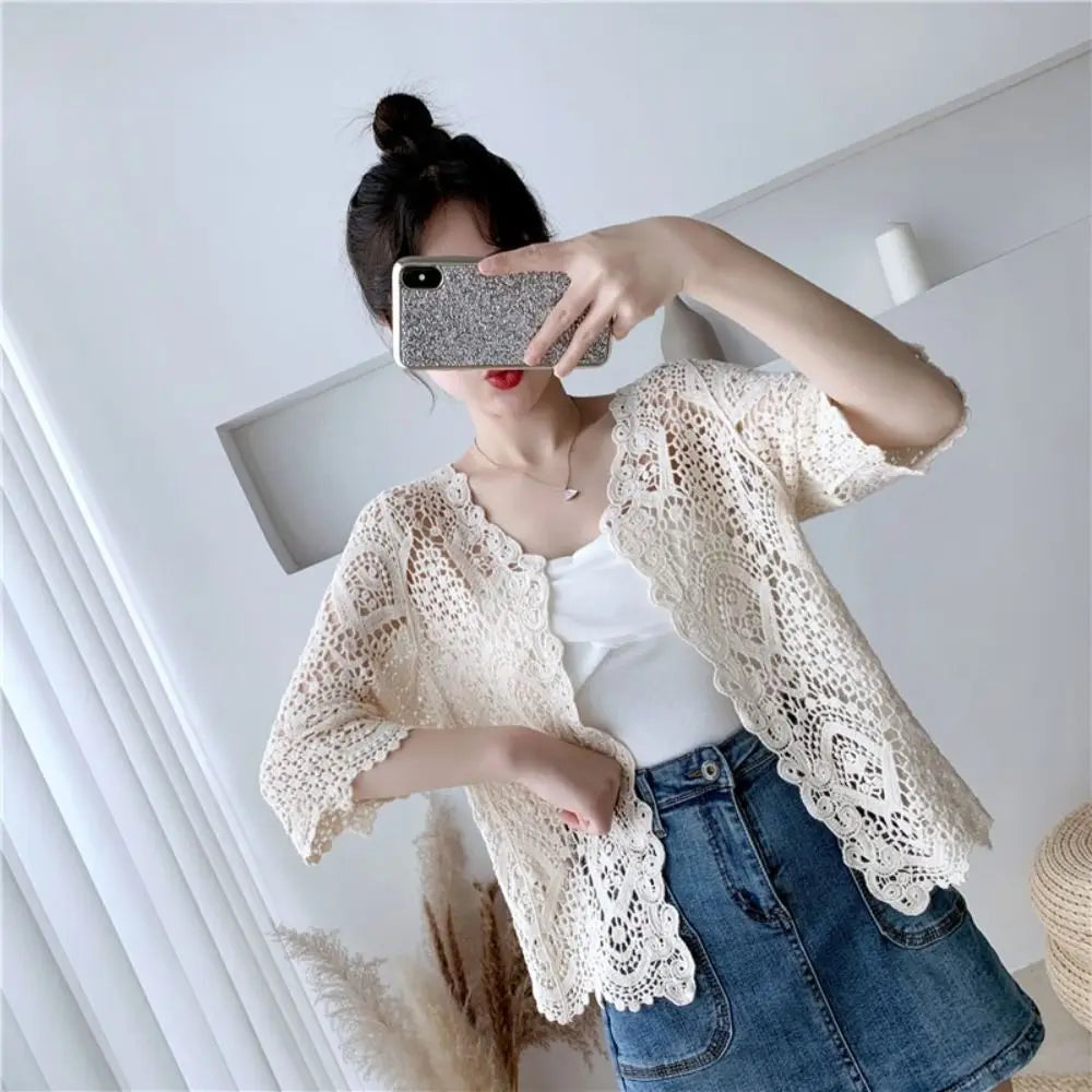 Women's Hollow Crochet Knit Shrug – Boho Open Front Cardigan Knit Cardigan Shrug Nixie