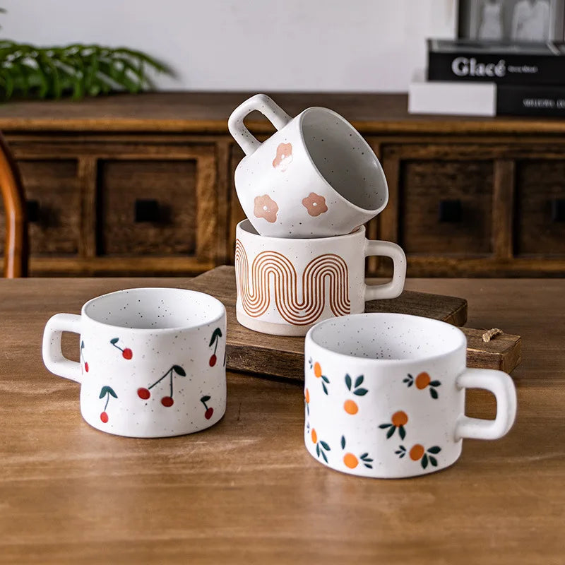 Retro Ceramic Coffee Cup Hand-Painted Floral Embossed 250ml