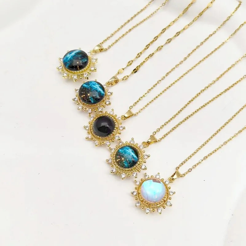 Starry Sky Sun Pendant Necklace – Steel & Copper Collarbone Chain Pendant Necklace Nixie