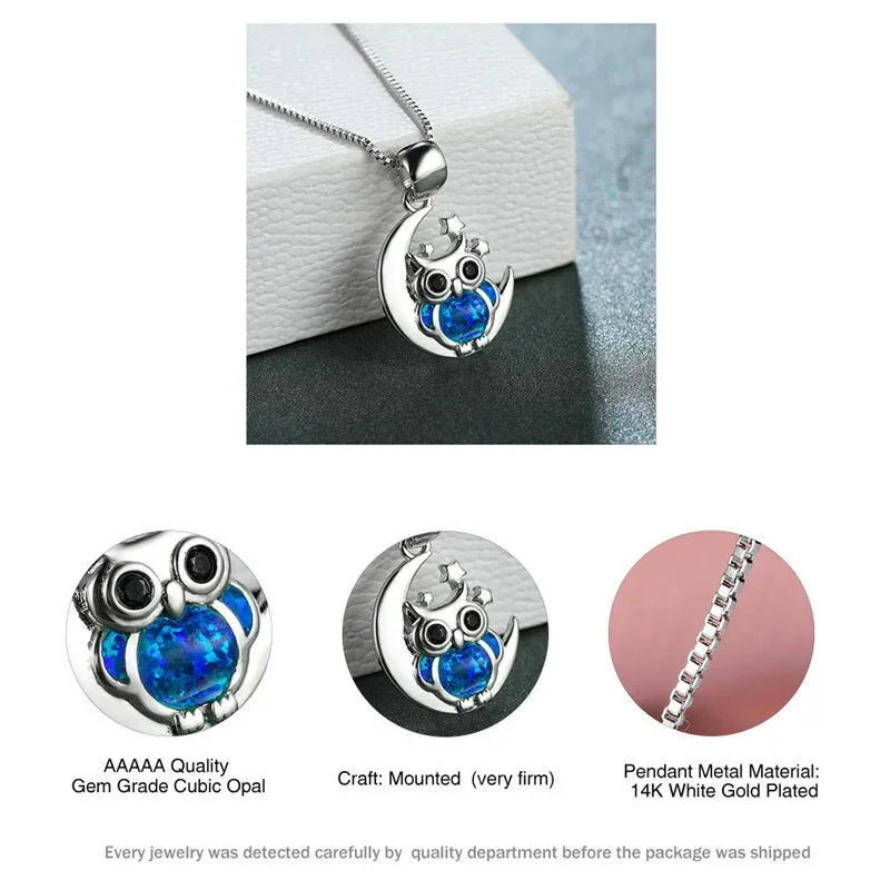 Dainty Owl Blue Simulated Opal Silver Moon Necklace Fashion Necklace Nixie
