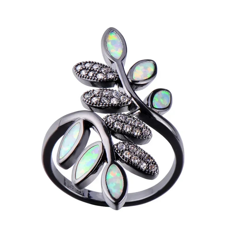White Simulated Opal Zircon Ring – Black Gold Women's Jewelry