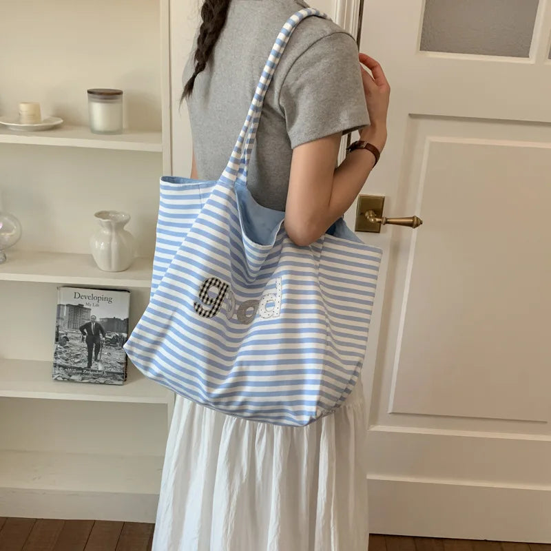 Striped Canvas Tote Bag – Large Women's Shoulder Bag | Nixie Canvas Tote Bag Nixie
