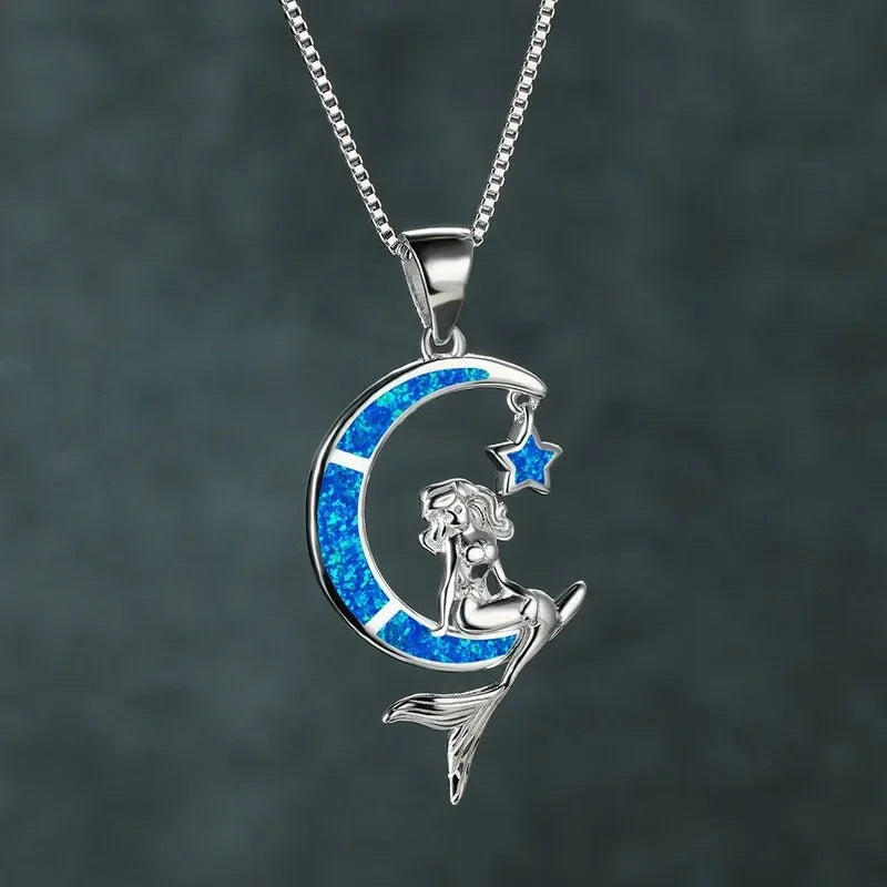 Mermaid Moon Pendant Necklace – Blue Simulated Opal & Zinc Alloy Pendant Necklace Nixie