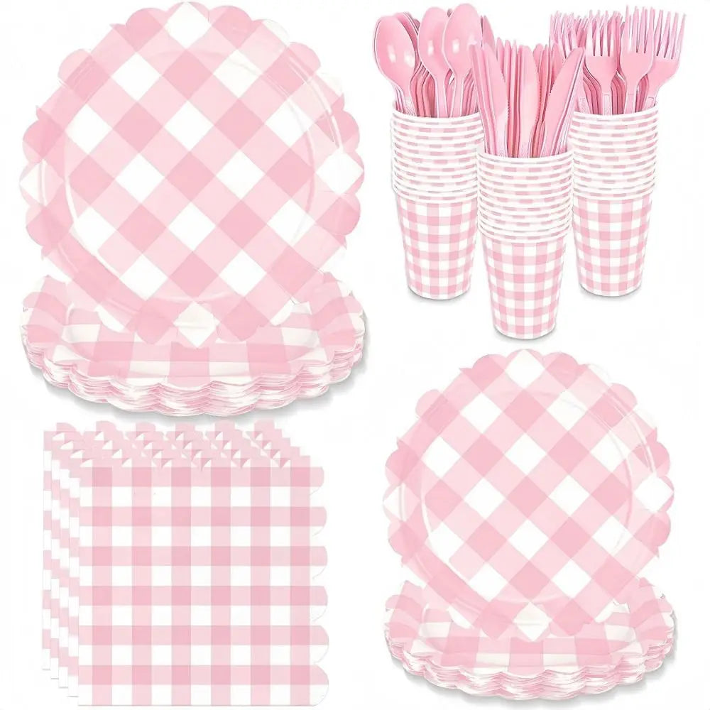 Pink Checkered Party Tableware Set – Serves 25 Guests