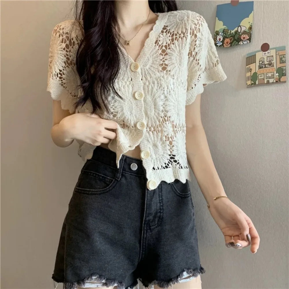 Women's V-Neck Crochet Cardigan Open-Knit Boho Blouse