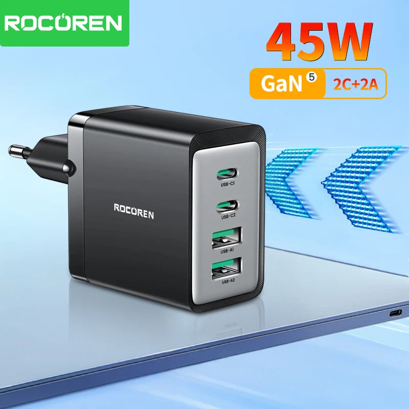 Rocoren 45W GaN 4-Port USB-C PD Fast Charger for iPhone & Samsung