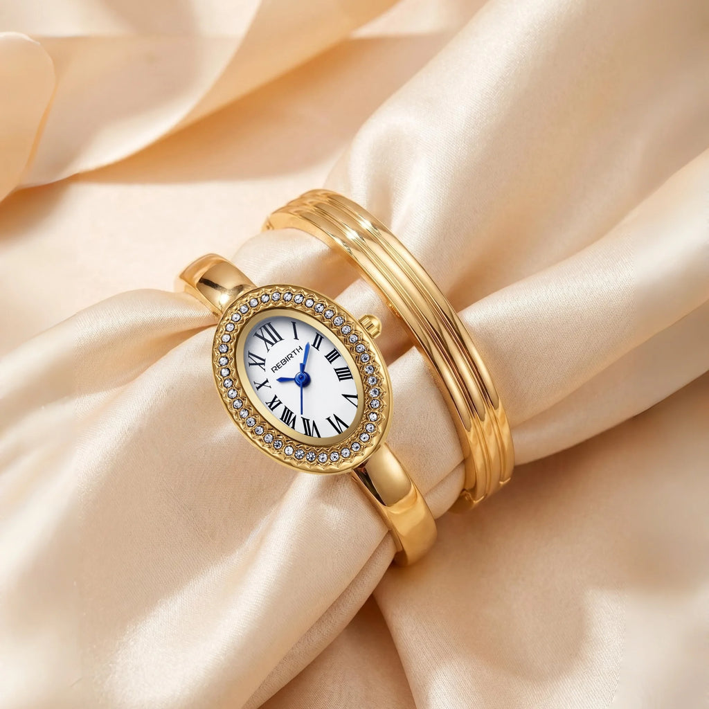 Women's Gold Watch & Bracelet Set – Quartz Roman Numeral Watch & Bracelet Set Nixie