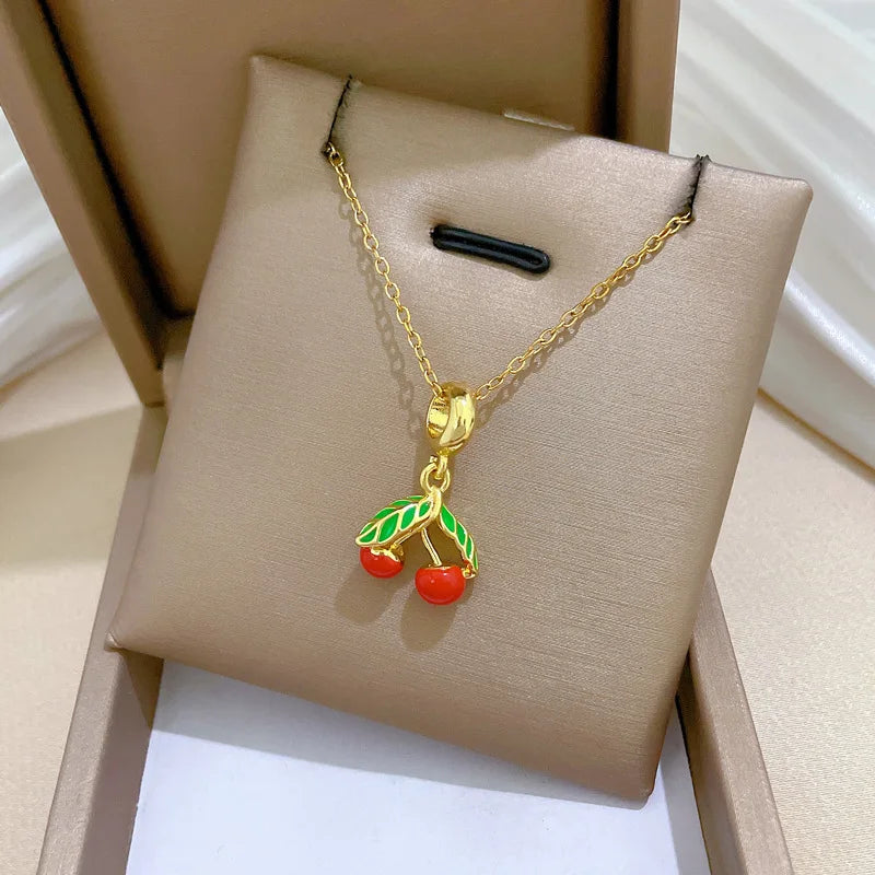 Green Leaf Cherry Pendant Choker Necklace | Stainless Steel Pendant Choker Necklace Nixie