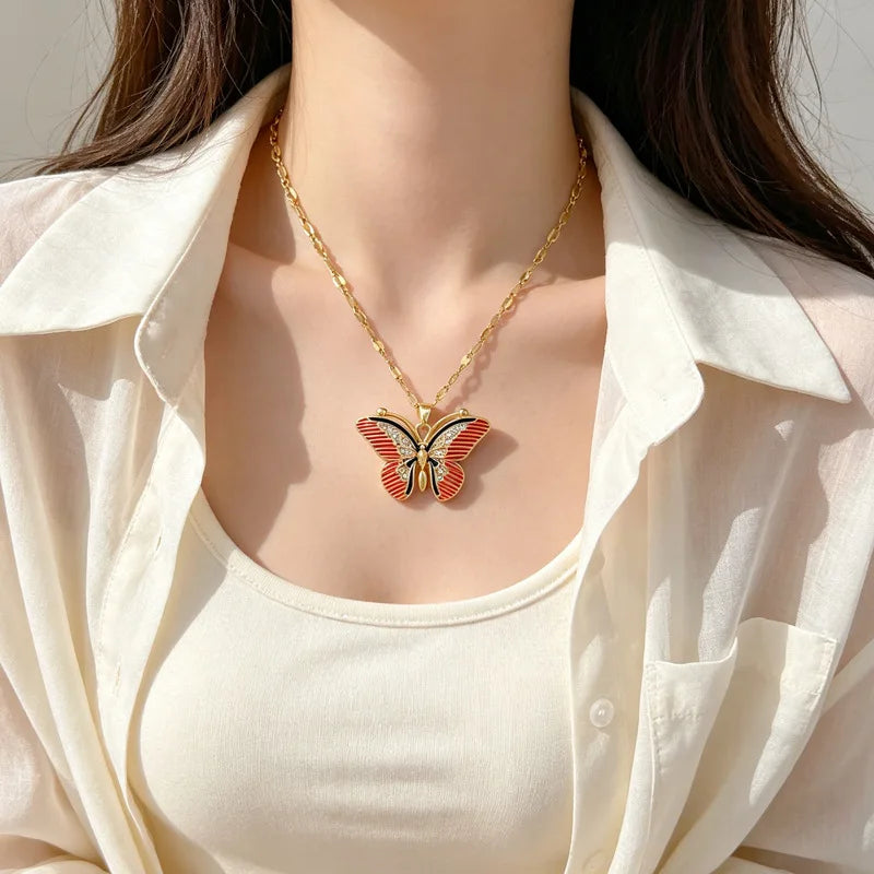 Red Butterfly Pendant Necklace – Gold Stainless Steel Choker Pendant Necklace Nixie