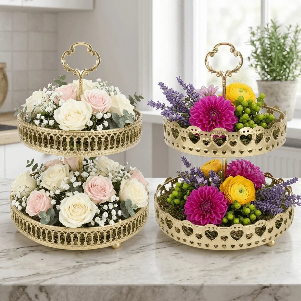 Double Layer Metal Fruit & Dessert Display Tray – Golden