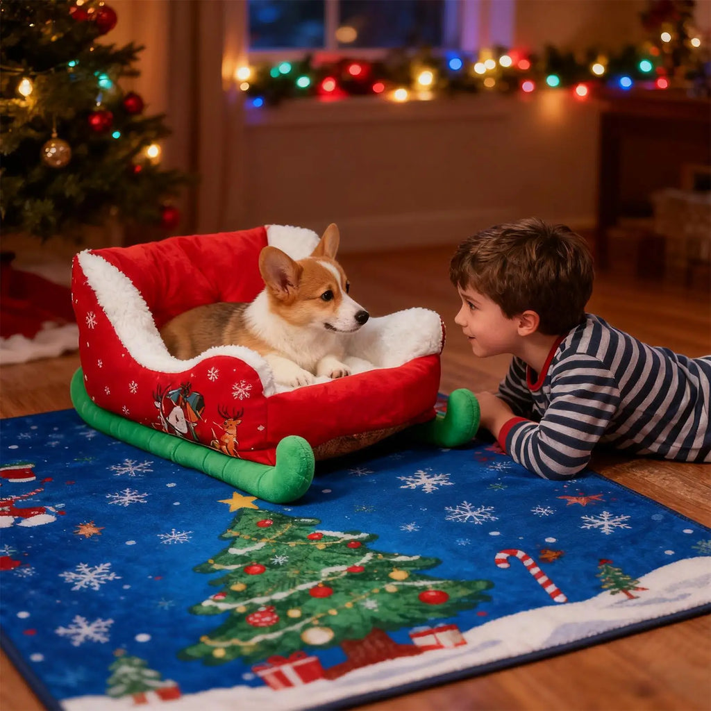 Christmas Sled Dog & Cat Bed – Festive Washable Pet Sofa Holiday Pet Bed Nixie