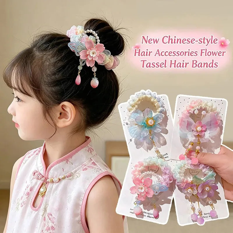 Girls Hanfu Floral Hair Tie with Pearls & Beads | Elastic Bun Rope Girls Hair Accessory Nixie