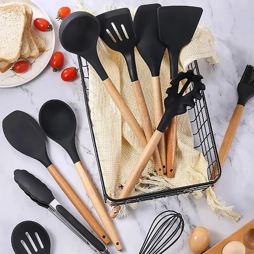 12-Piece Silicone Kitchen Utensil Set – Wooden Handles Kitchen Utensil Set Nixie