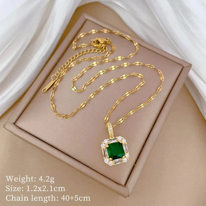 Square Zircon Emerald Pendant Necklace | Stainless Steel & Copper