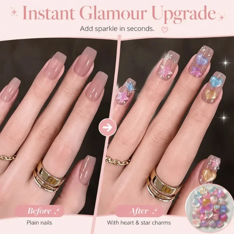 30Pcs 3D Kawaii Nail Charms – Heart Star Iridescent Glitter Kit Nail Art Charms Nixie