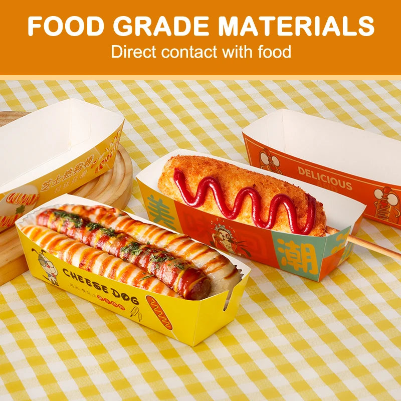 100pcs No-Fold Hot Dog Paper Boxes – Disposable Food Trays Disposable Food Tray Nixie