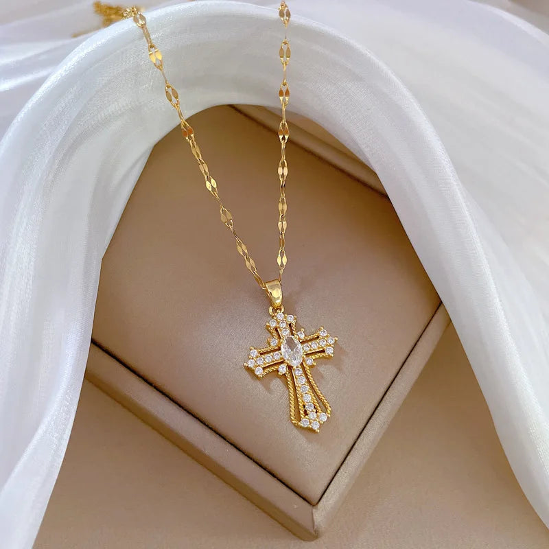 Women's Gold Cross Pendant Necklace – Stainless Steel Choker