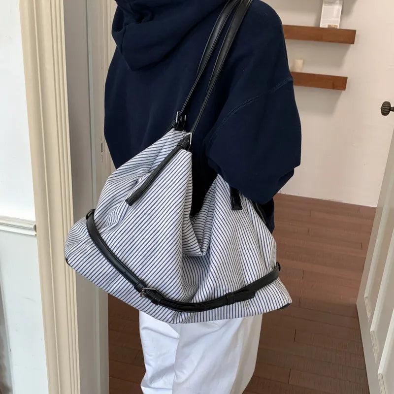 Korean Striped Canvas Tote Bag – Large Women's Shoulder Bag Canvas Shoulder Tote Nixie Blue