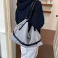 Korean Striped Canvas Tote Bag – Large Women's Shoulder Bag Canvas Shoulder Tote Nixie Blue