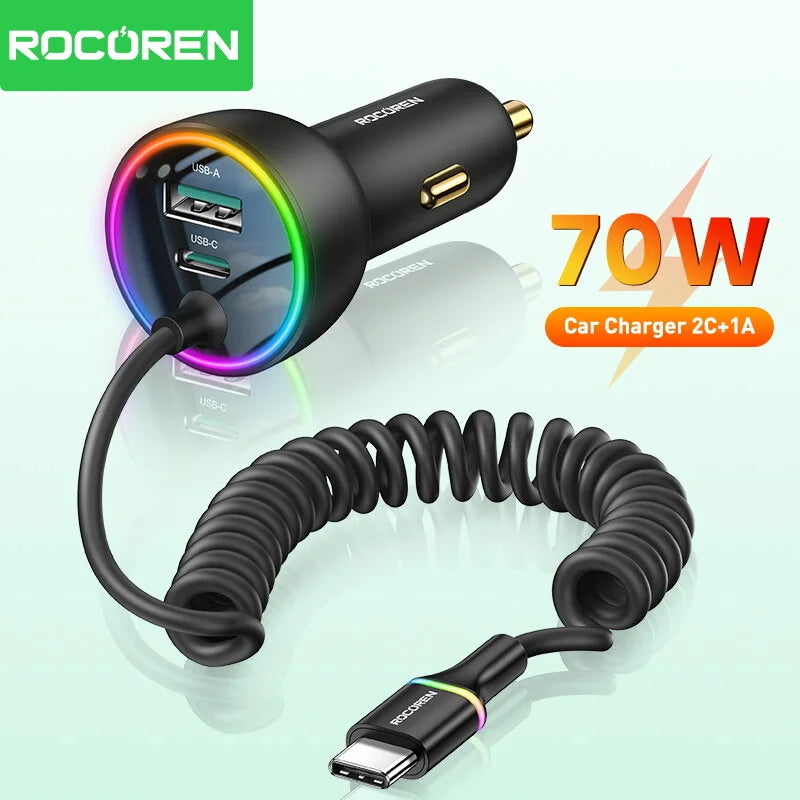 Rocoren 70W USB-C Car Charger + Spring Cable | Fast Charging