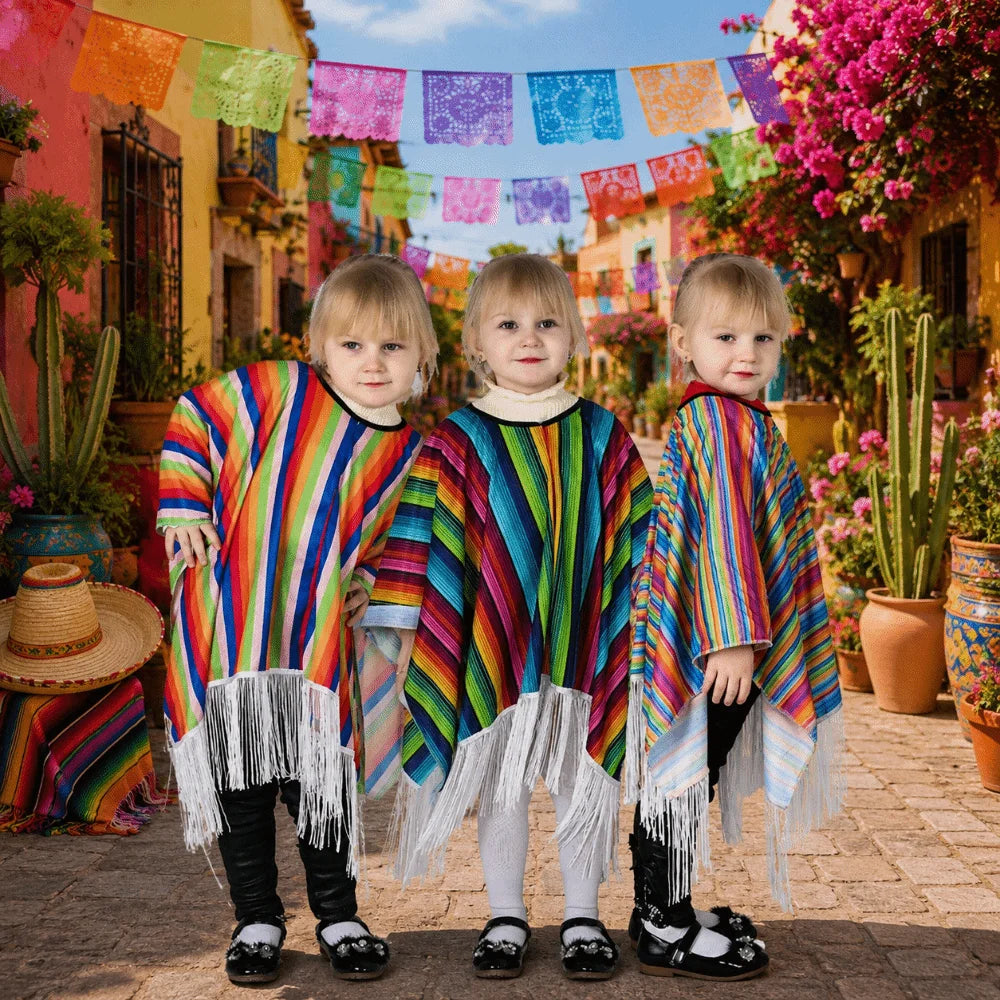 Kids Mexican Poncho Striped Ethnic Costume Cape w/ Tassels Kids Costume Cape Nixie