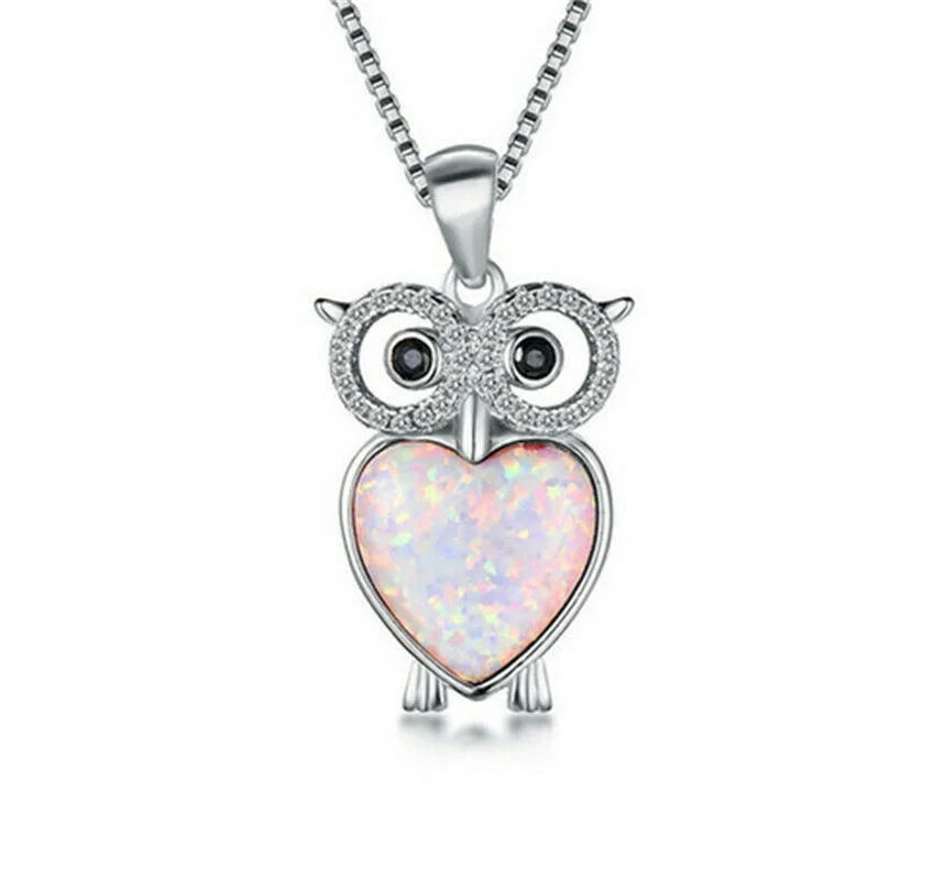 Owl & Crystal Heart Imitation Opal Pendant Necklace Pendant Necklace Nixie