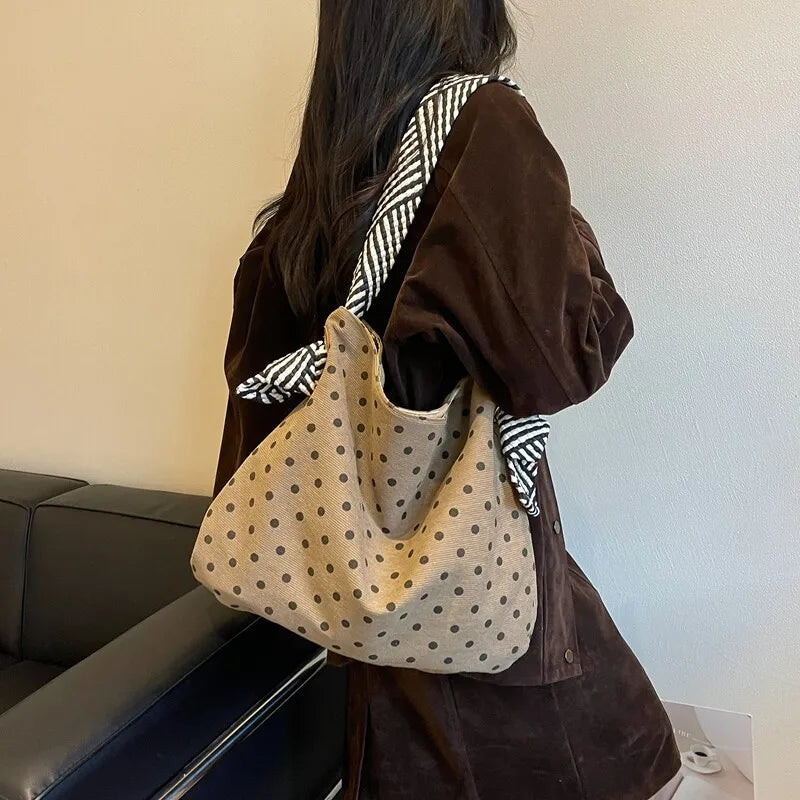 Korean Polka Dot Corduroy Tote Bag – Large Capacity