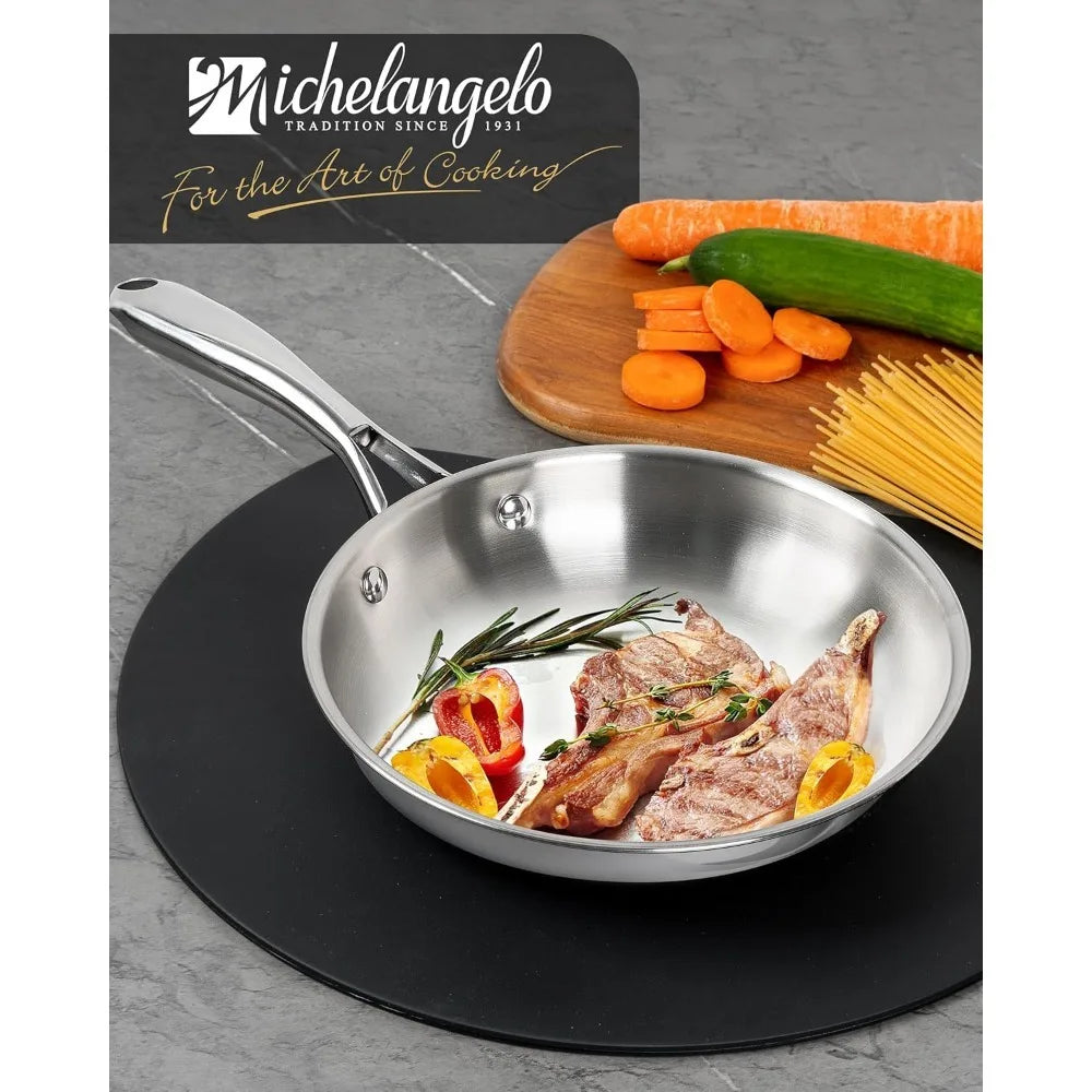 MICHELANGELO 8-Inch Stainless Steel Frying Pan – Induction & Gas Stainless Steel Skillet Nixie