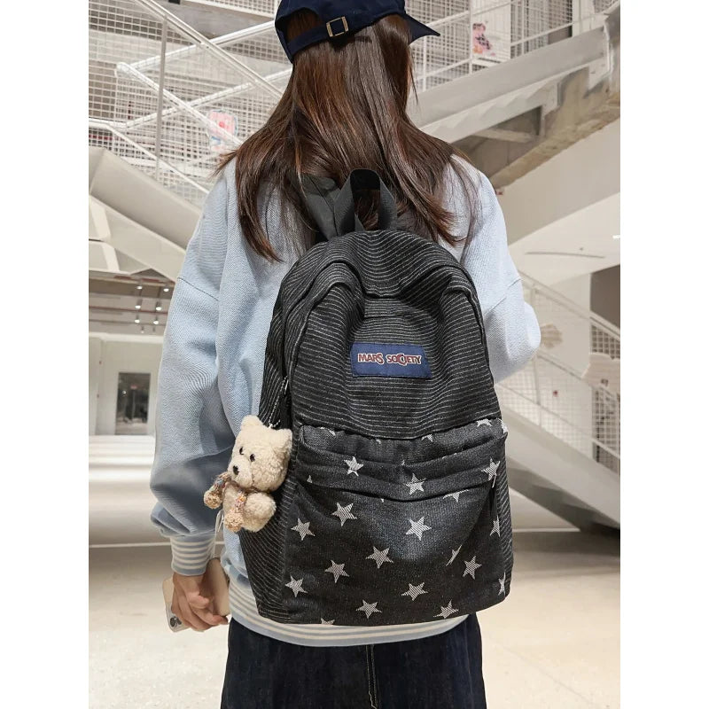 Korean Denim Backpack Color-Block Stripes & Stars – Women Denim Backpack Nixie