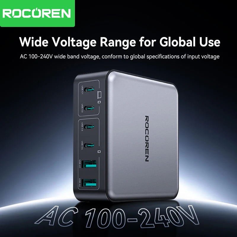 Rocoren 200W 6-Port GaN Fast Charger Desktop USB-C Station GaN Desktop Charger Nixie