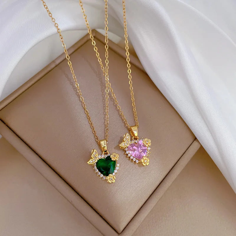 Chinese Micro-Set Heart Flower Copper Pendant Necklace | Nixie Pendant Necklace Nixie