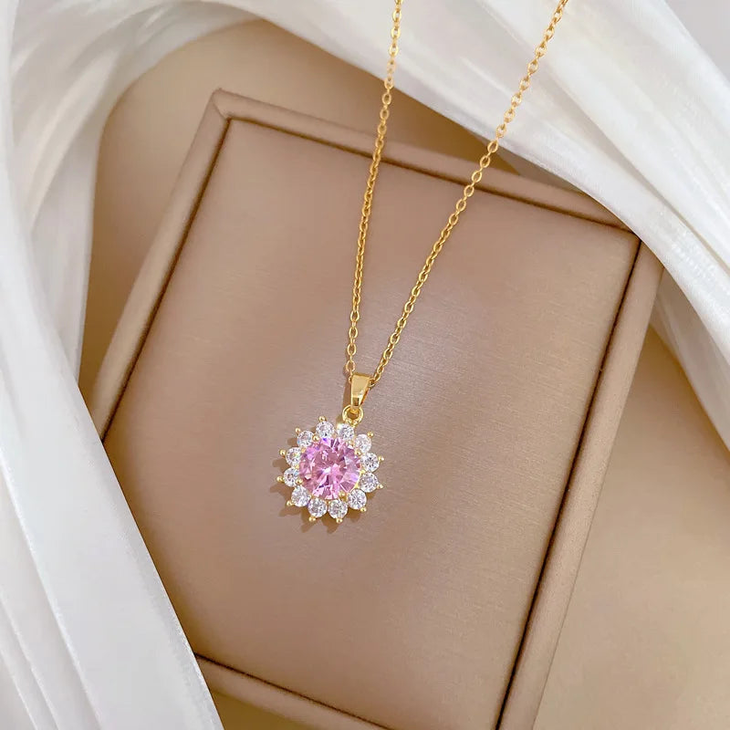 Flower Pendant Choker Necklace – Gold Stainless Steel & Zircon