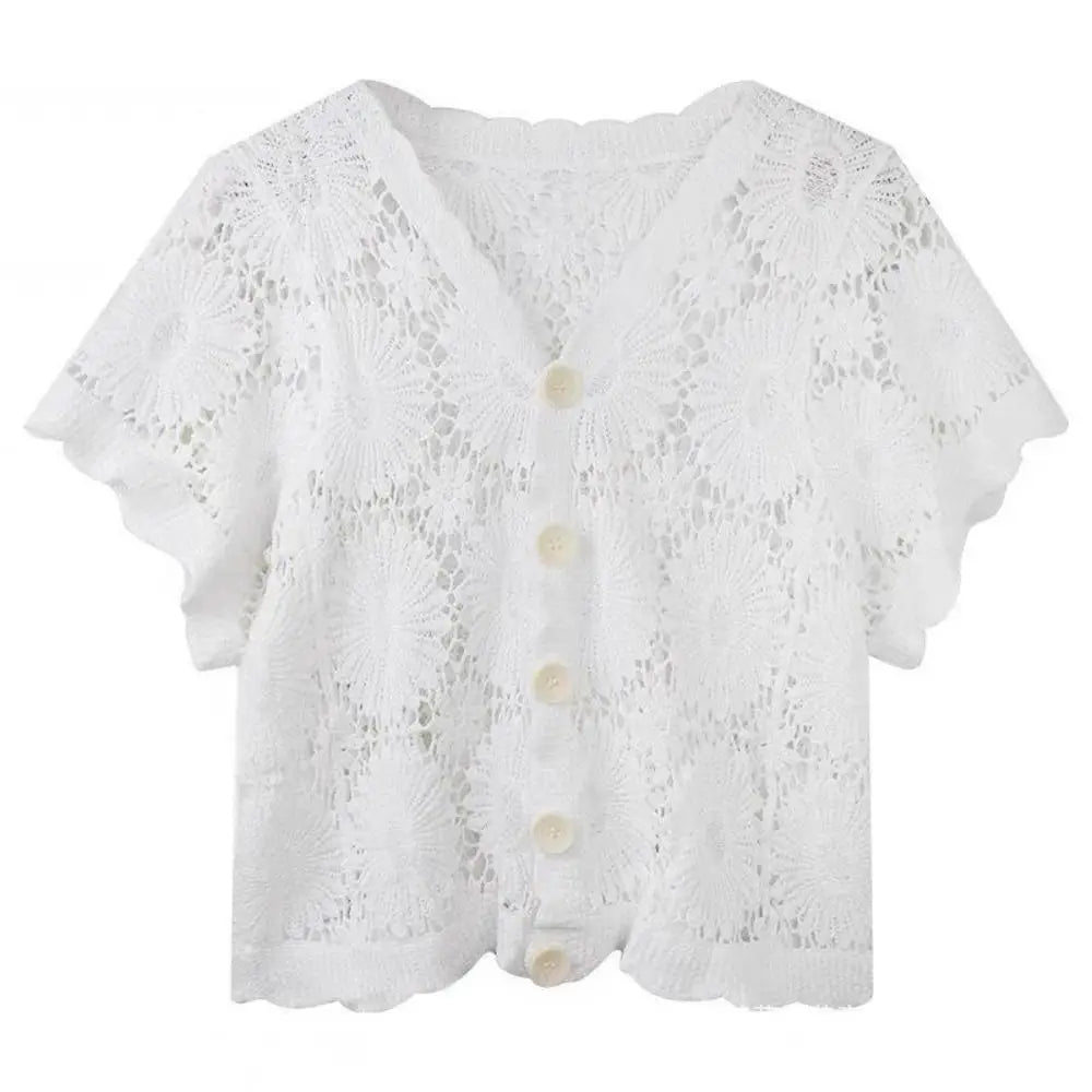 Women's V-Neck Crochet Cardigan Open-Knit Boho Blouse