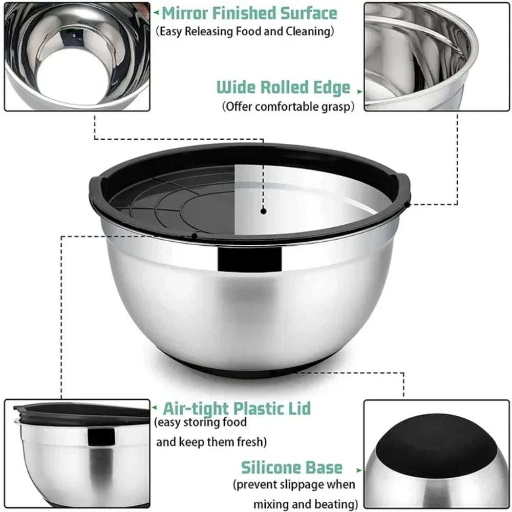 Stainless Steel Mixing Bowls with Airtight Lids & Silicone Base Mixing Bowl Set Nixie