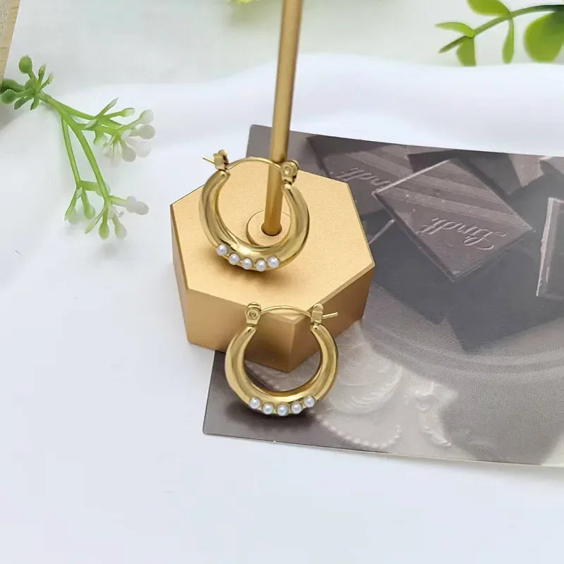Imitation Pearl Gold Hoop Earrings – Stainless Steel Fashion