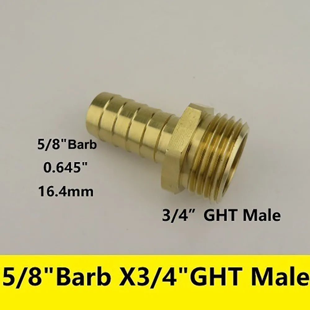 Brass Barb Fitting 3/8"–3/4" x 3/4" GHT Garden Hose Adapter Brass Hose Fitting Nixie 5-8-Barb x 3-4-GHT M