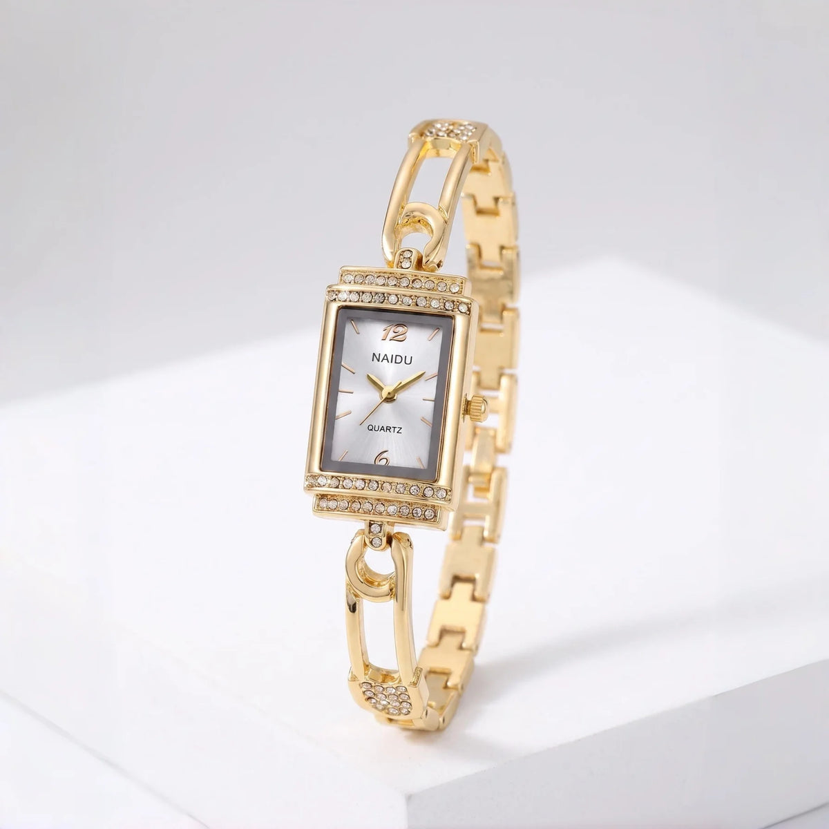 Women's Rhinestone Quartz Watch – White Dial Luxury Style