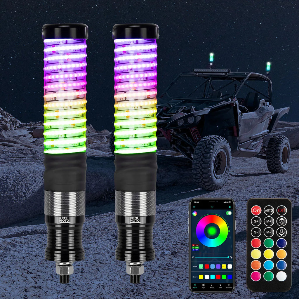 KEMIMOTO RGB COB Fat Whip Lights | UTV ATV Turn Signal IP67 LED Whip Lights Nixie