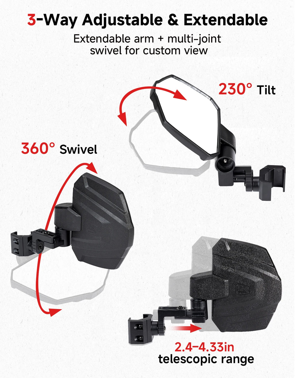 KEMIMOTO UTV Pro-Fit Side Mirrors Extendable Telescopic Arm UTV Side Mirrors Nixie
