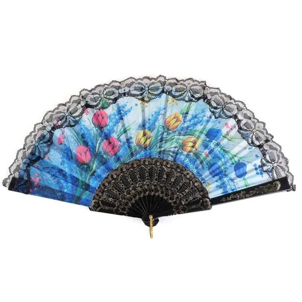 Spanish Folding Fan Black Floral Lace Trim Dance Prop Gift