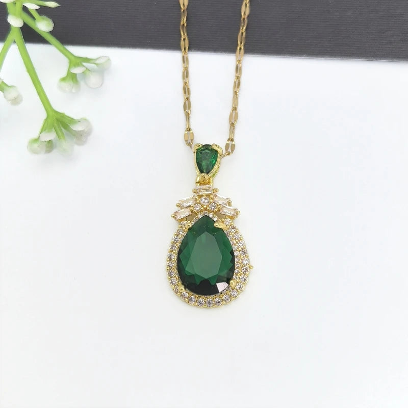Emerald Zircon Pendant Necklace | Gold Stainless Steel Chain Pendant Necklace Nixie