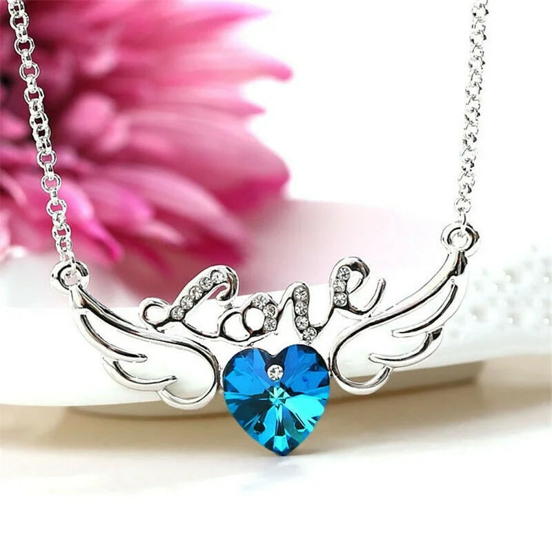 Angel Wings Aquamarine Crystal Silver Pendant Necklace Pendant Necklace Nixie