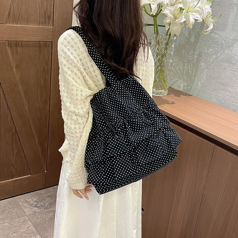 Korean Polka Dot Ruffled Tote Bag | Large Canvas Shoulder Bag