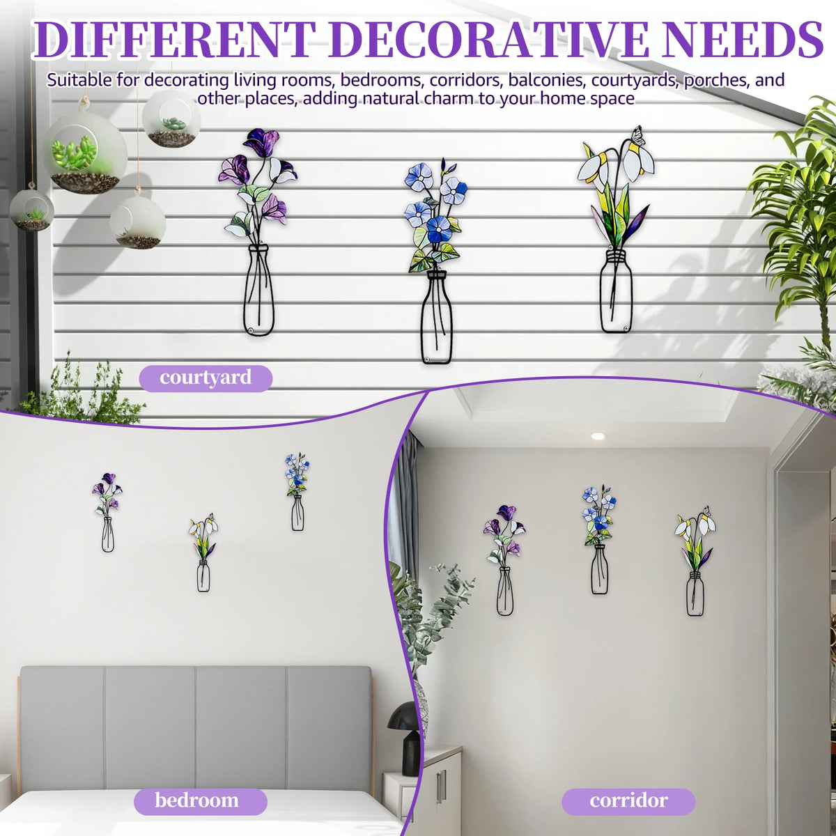 Metal Flower Wall Art Set – Rustic Farmhouse Decor (3 Pcs) Metal Wall Art Nixie