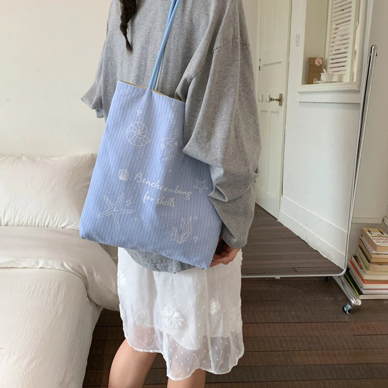 Women's Large Canvas Striped Tote Shoulder Bag | Korean Style Canvas Tote Bag Nixie
