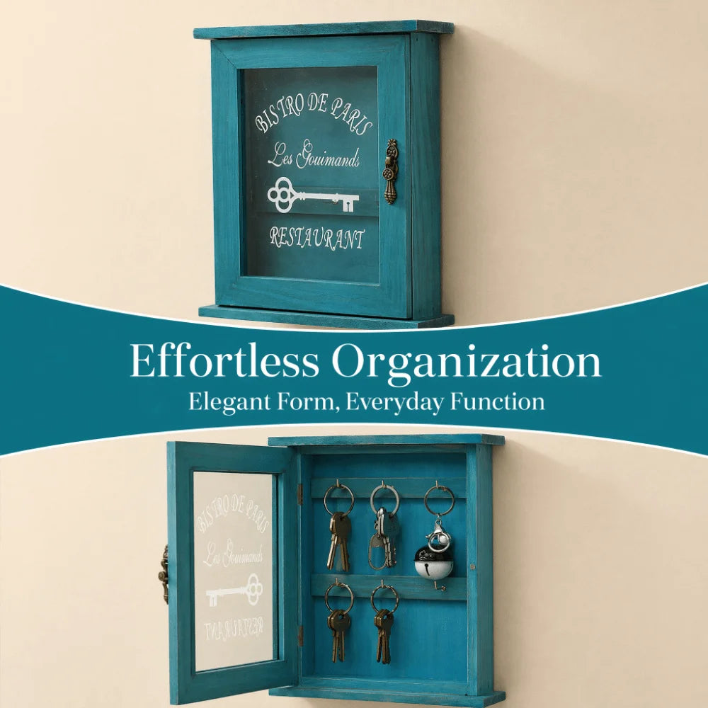 Vintage Wooden Key Cabinet Box – 6 Hooks, Wall Mounted