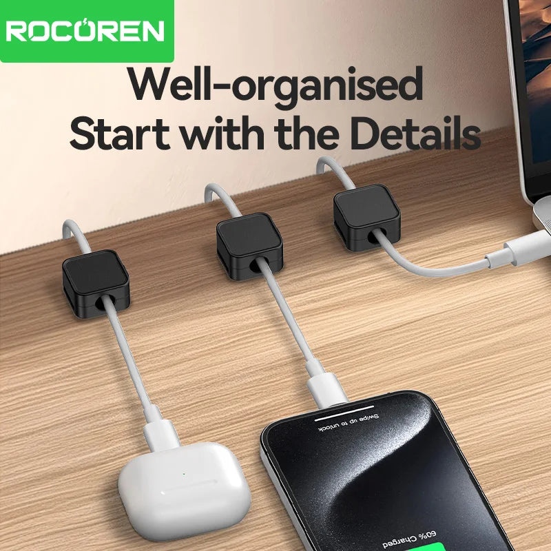 Rocoren Magnetic Cable Clips 6-Pack | Desk Cable Organizer Cable Management Clips Nixie