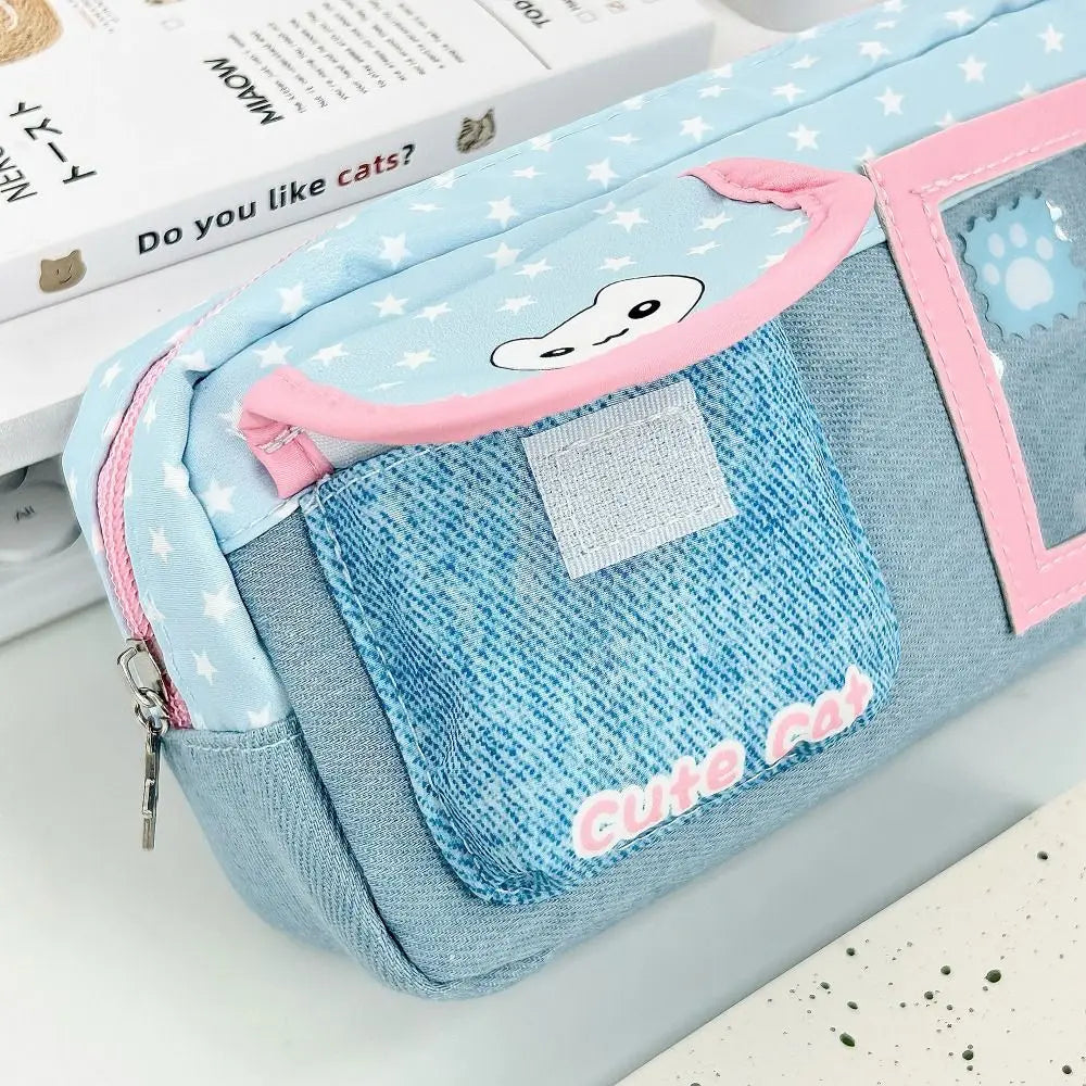 Denim Patchwork Pencil Case | Cat Print Large Capacity Pen Bag