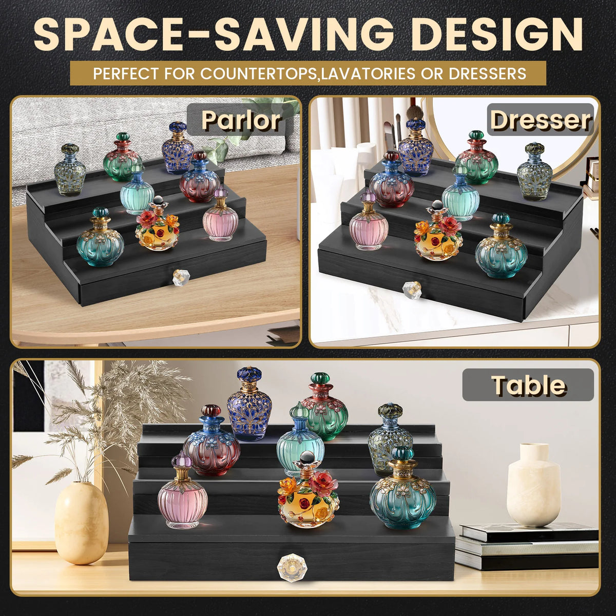 Wooden 3-Tier Perfume Organizer with Drawer | Nixie Perfume Display Stand Nixie